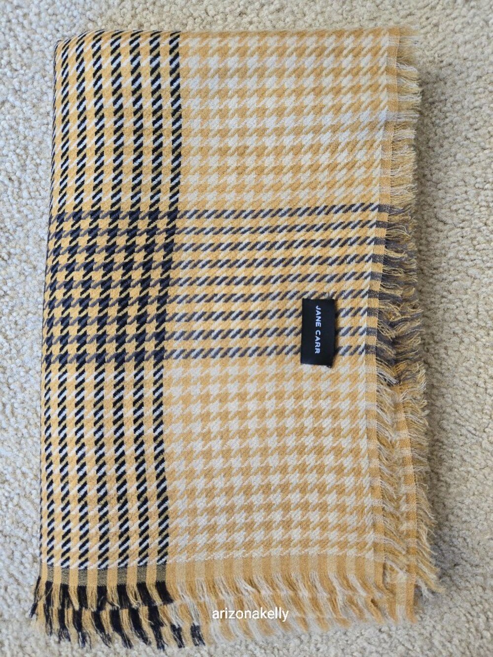 NWOT Jane Carr Lambswool Scarf Houndstooth Black Gold/Tan SOFT
